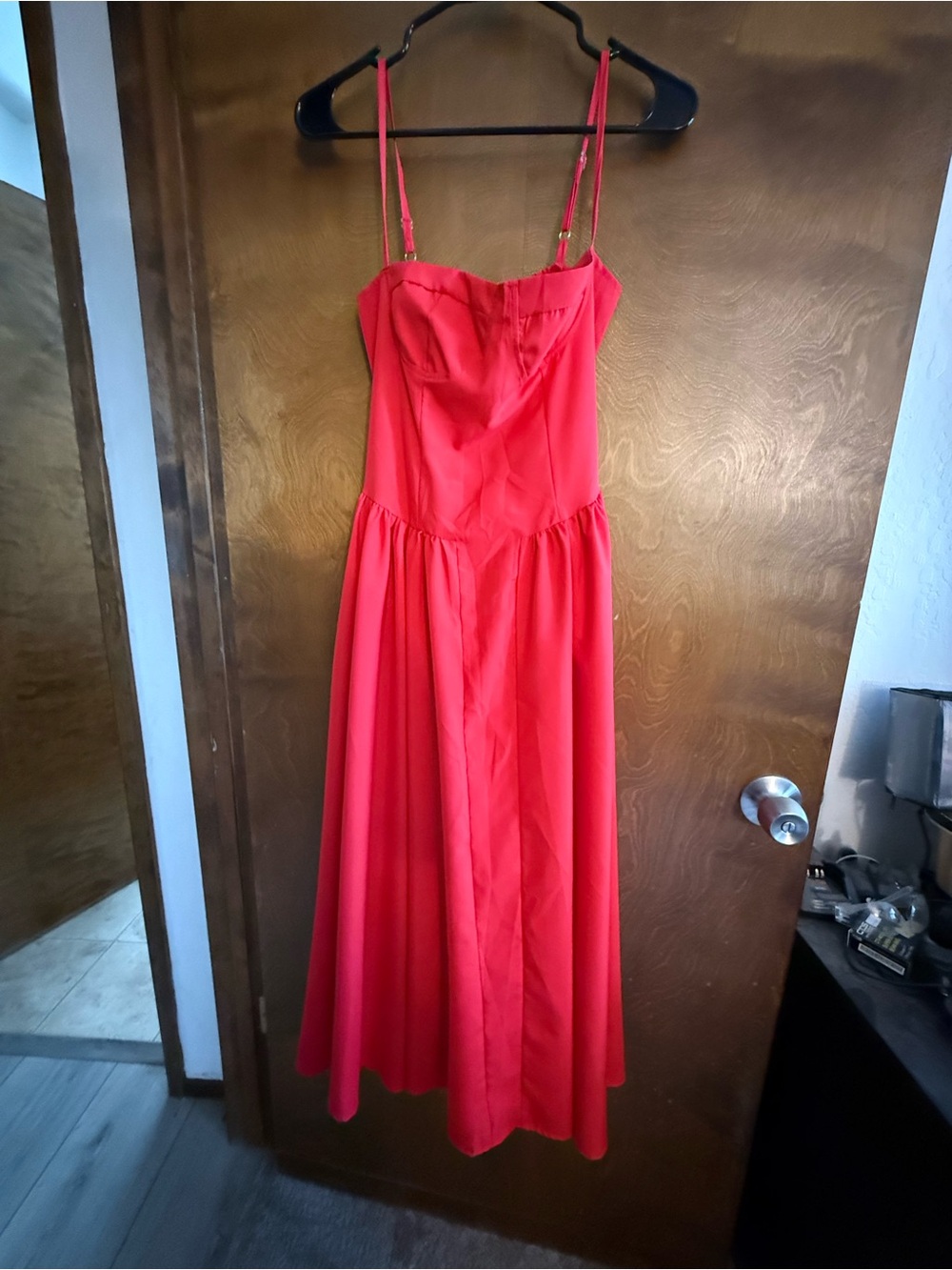Red Spaghetti-Strap Princess waist Midi Dress